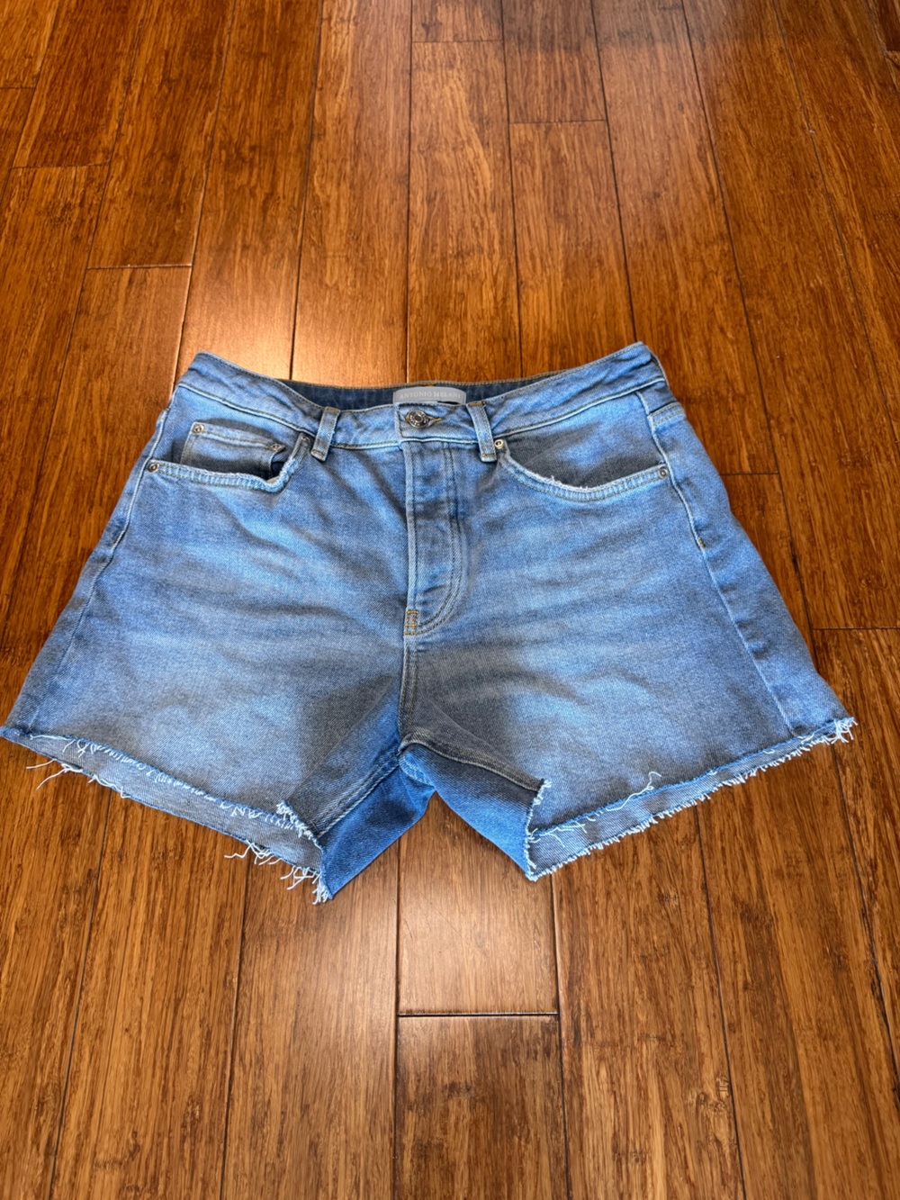 ANTONIO MELANI Light Blue Frayed Hem Denim Shorts